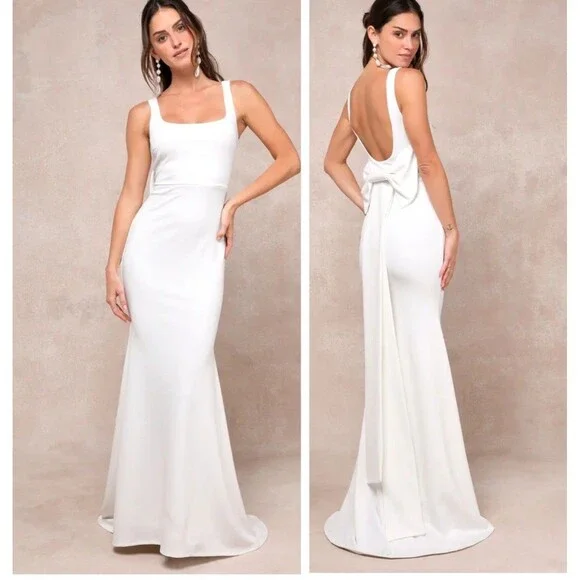 Lulus Loving Fate White Bow Square Neck Backless Maxi Dress Size Large Bridal - Picture 1 of 9